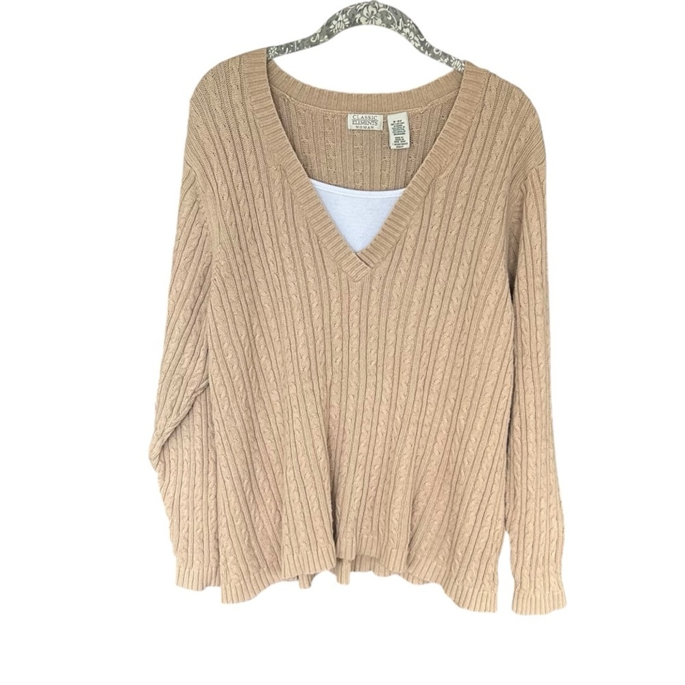 Vintage 90’s Classic Elements Women's Beige V-Neck Cable Knit Sweater Size 16/18